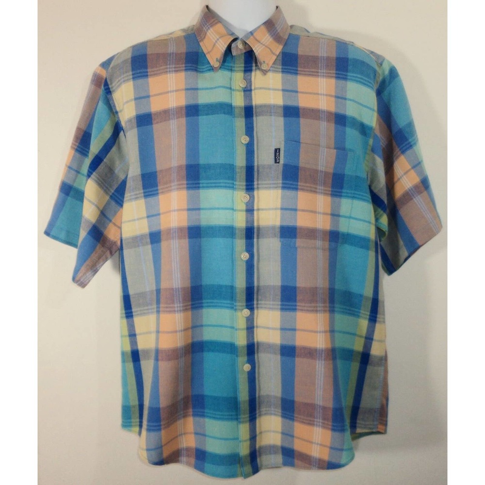 IZOD Mens Size M Linen & Cotton Plaid Camp Shirt Short Sleeve Blue Yellow Peach